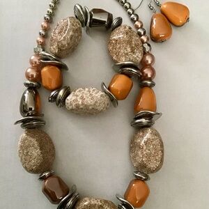 Chic Orange, Stone Bronze & Silver Beaded Necklace Set